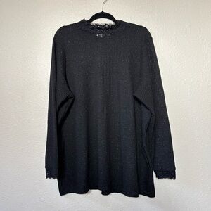 LOGO Lori Goldstein Black & Gold Metallic Weave Waffle Knit Lace Trim Tunic 2X